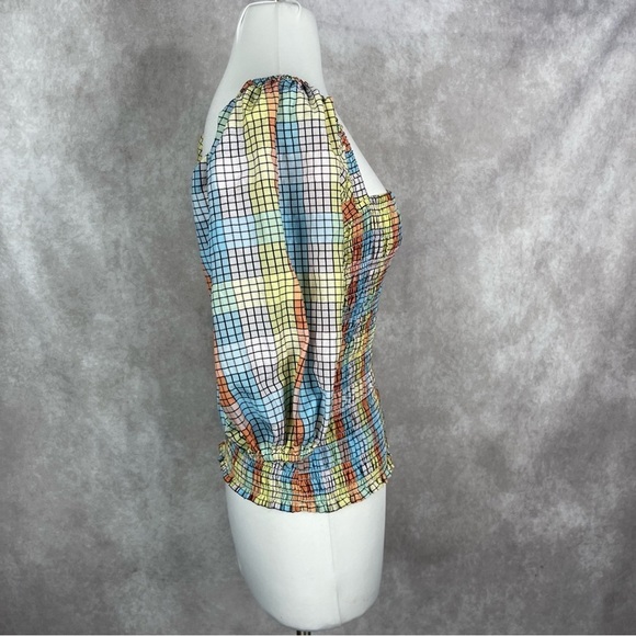 GANNI Smocked Check Puff Sleeve Top In Multi Women's Size 34 US 2 - Picture 10 of 11